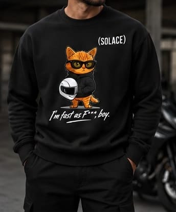 Rider wearing the black Fast Cat crewneck (concept mockup)