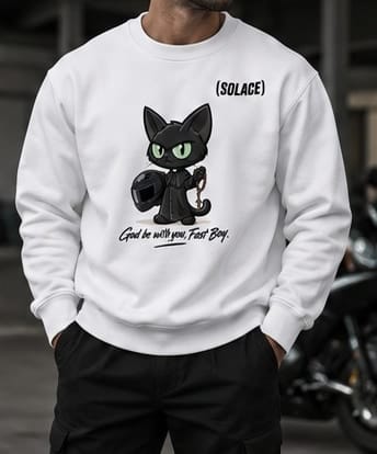 Rider wearing the white Fast Boy crewneck (concept mockup)